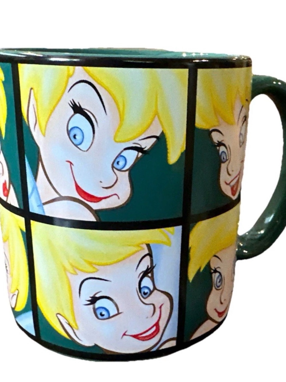 DISNEY STORE Cute Tinkerbell Large Green Coffee Mug “MANY FACES OF TINK” NEW